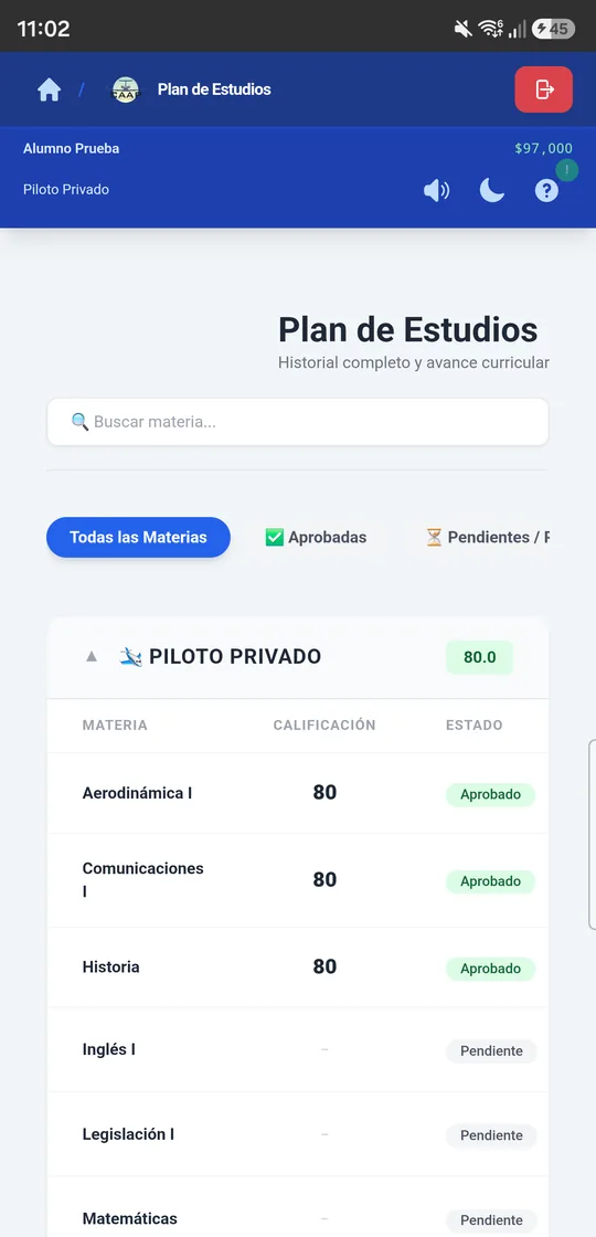 Plan de estudios en la app CAAP, con la calificación y el estado de cada materia.